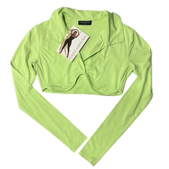 NWT Naked Wardrobe Chartreuse Green Long Sleeve Collared Stretchy Crop Top - Picture 2 of 2